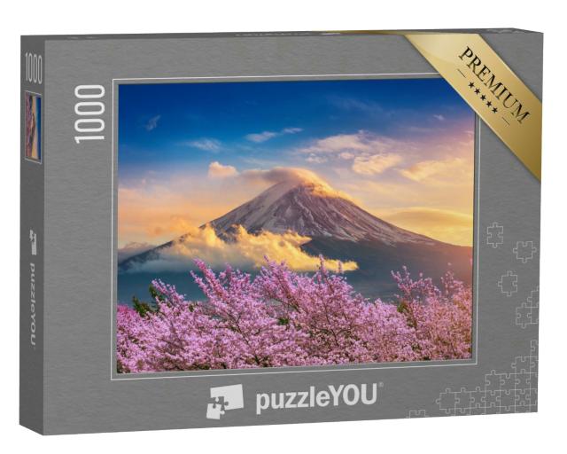 Puzzle 1000 Teile „Fuji und Kirschblüten an einem Frühlingsabend, Japan“
