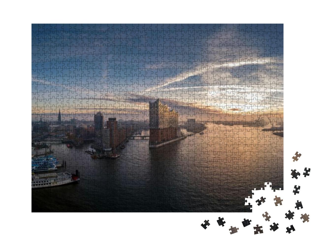 Puzzle 1000 Teile „Hamburger Hafen mit schönem Sonnenaufgang“