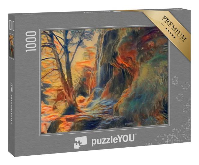 Puzzle 1000 Teile „im Stil von Edvard Munch, Der Schrei - Wasserfälle in den Ammergauer Alpen, Deutschland“