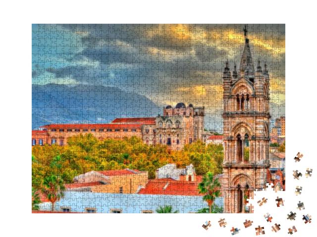 Puzzle 1000 Teile „Kathedrale und Palazzo von Palermo, UNESCO-Kulturerbe, Sizilien, Italien“