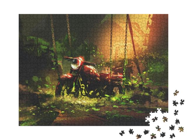 Puzzle 1000 Teile „Verlassenes Motorrad im Dschungel“