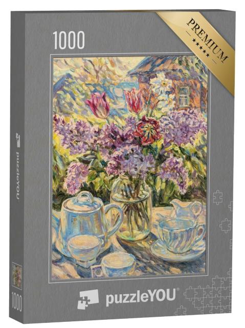Puzzle 1000 Teile „Stillleben gedeckter Kaffeetisch mit Blumen“