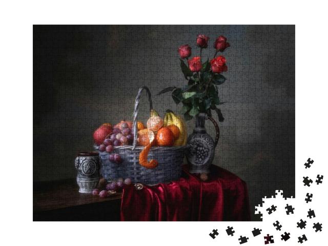 Puzzle 1000 Teile „Stillleben mit Rosen in einer Vase und Korb gefüllt mit Früchten“