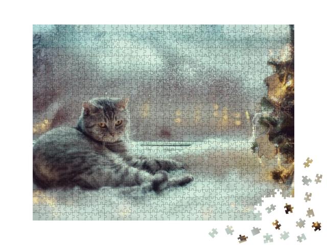 Puzzle 1000 Teile „Katze im Winterfenster“