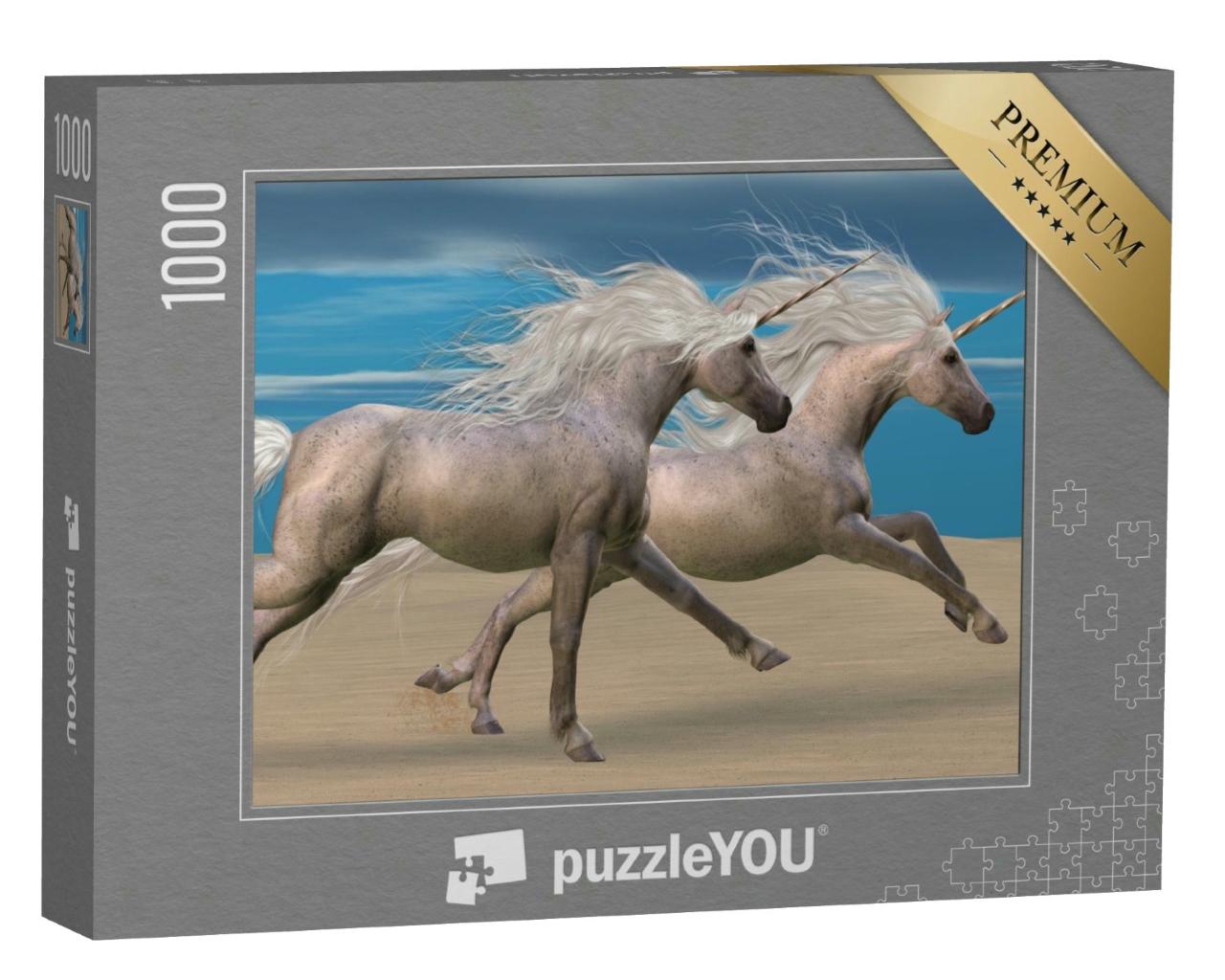 Puzzle 1000 Teile „Zwei weiße Einhornpferde galoppieren gemeinsam durch die Wüste“