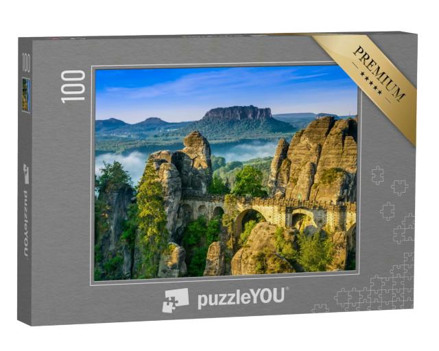Puzzle 100 Teile „Sonnenaufgang an der Bastei in der Sächsischen Schweiz, Deutschland“