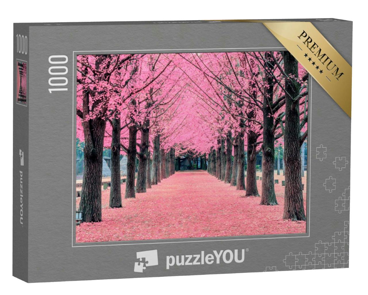 Puzzle 1000 Teile „Allee aus rosa Blüten auf der Nami-Insel, Korea“