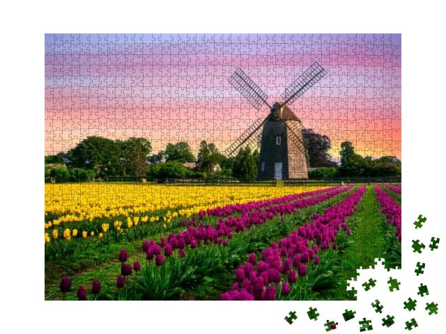 Puzzle 1000 Teile „Windmühle in einem Tulpenfeld mit Blumen“