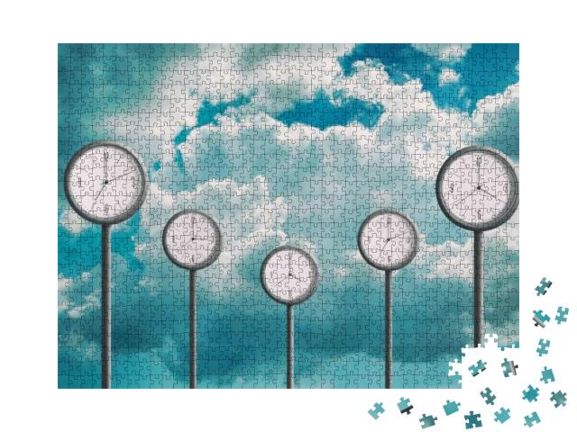 Puzzle 1000 Teile „Fünf Uhren zeigen verschiedene Zeiten an“
