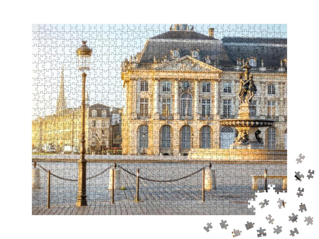 Puzzle 1000 Teile „Blick auf den berühmten La Bourse Platz mit Brunnen am Morgen in Bordeaux, Frankreich“