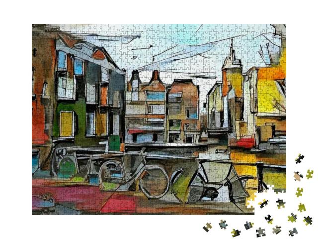 Puzzle 1000 Teile „Europäische Stadtlandschaft aus der Triptychon-Serie, Anlehnung an Picasso“
