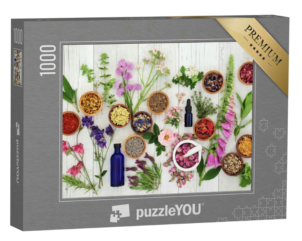 Puzzle 1000 Teile „Auswahl an Kräutern und Blumen in Holzschalen“