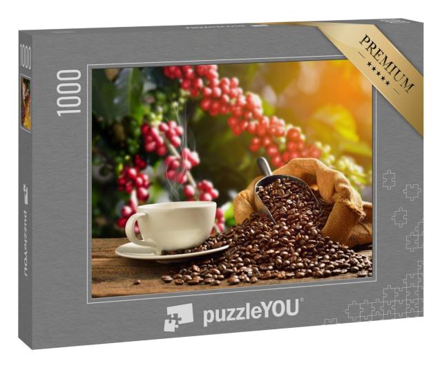 Puzzle 1000 Teile „Dampfende Tasse Kaffee mit Kaffeebohnen “