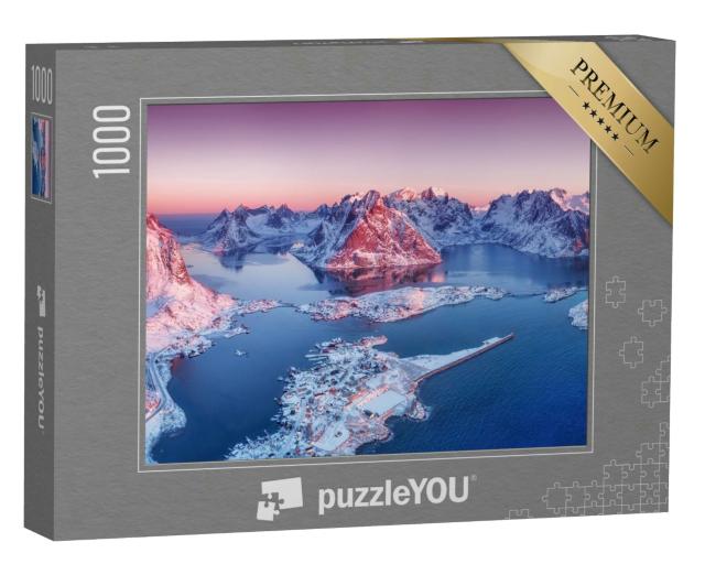 Puzzle 1000 Teile „Luftaufnahme auf den Lofoten bei Sonnenuntergang: Berge und Meer“
