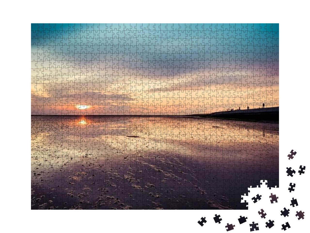 Puzzle 1000 Teile „Ruhiger Sonnenuntergang über dem Wattenmeer“