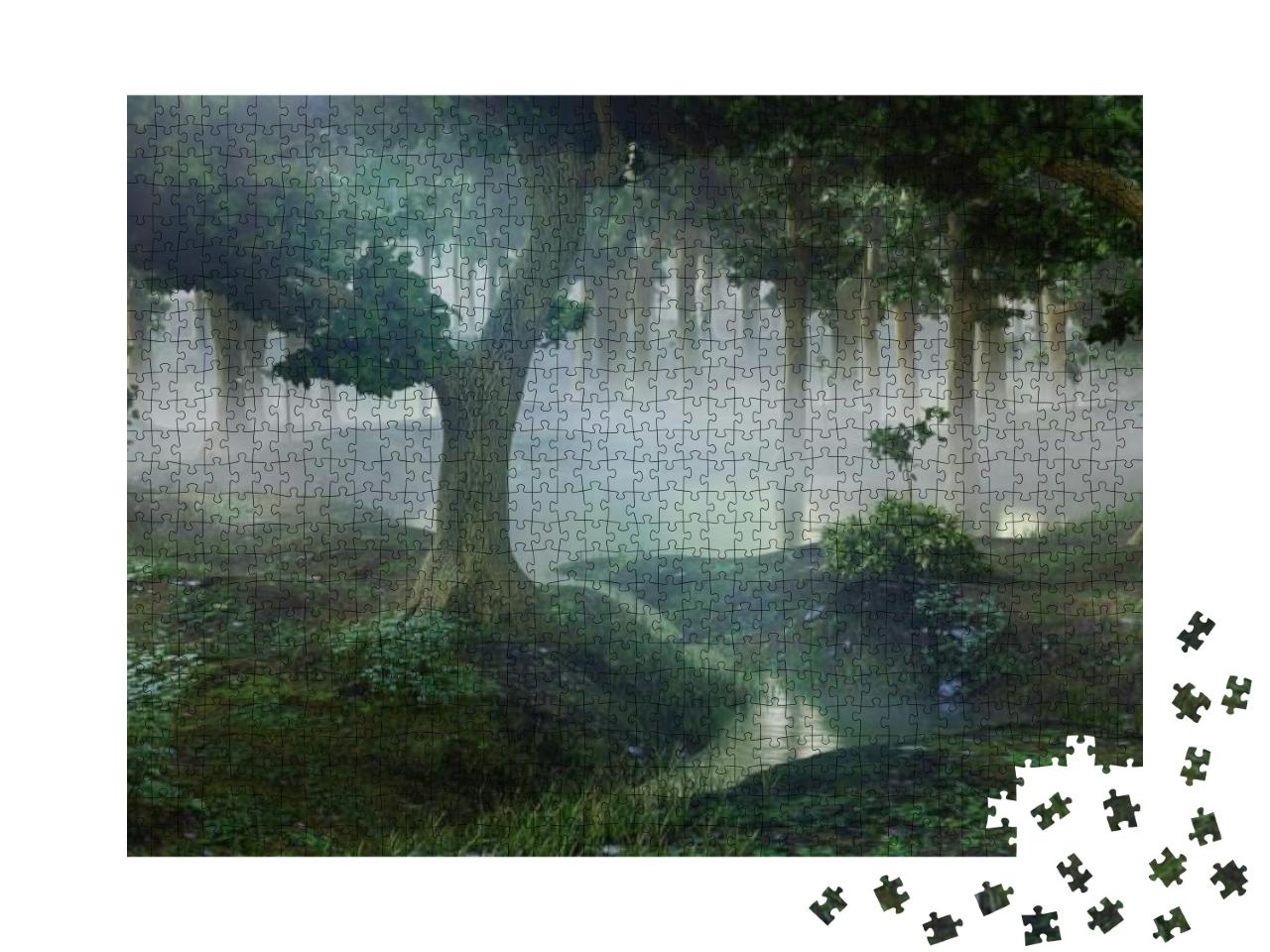 Puzzle 1000 Teile „Nebliger Fantasiewald mit Teichen “