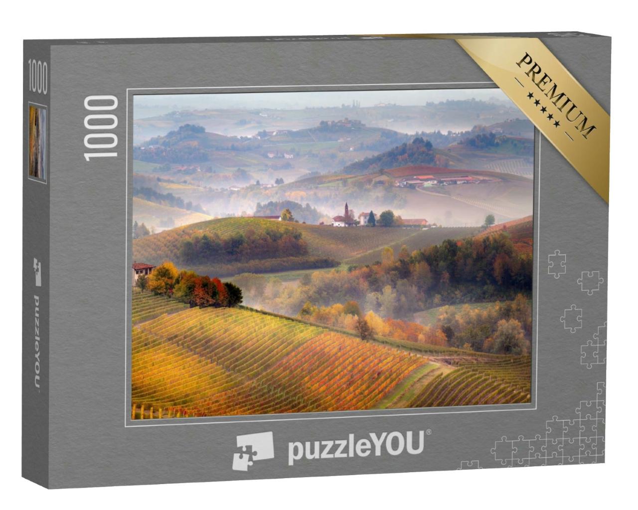 Puzzle 1000 Teile „Sonnenaufgang über dem Barolo und Nebel in der Region Langhe“