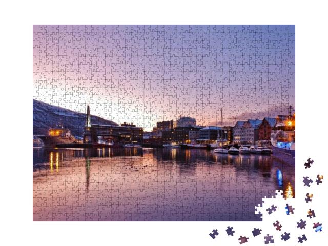 Puzzle 1000 Teile „Blick auf einen Yachthafen, Tromso bei Nacht, Norwegen“