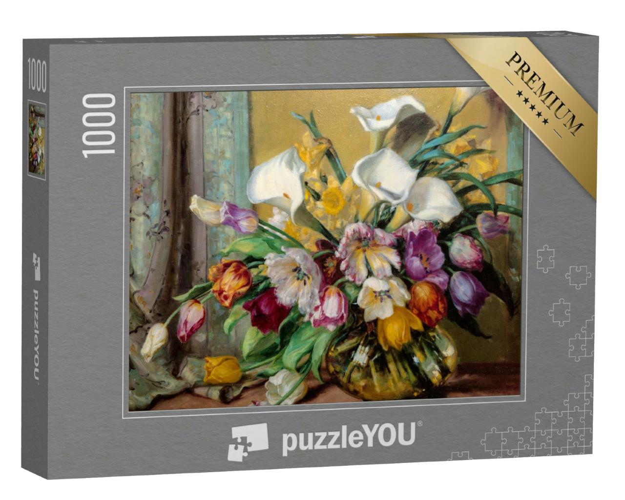 Puzzle 1000 Teile „Ölgemälde: Blumenarrangement in einer bauchigen Glasvase“