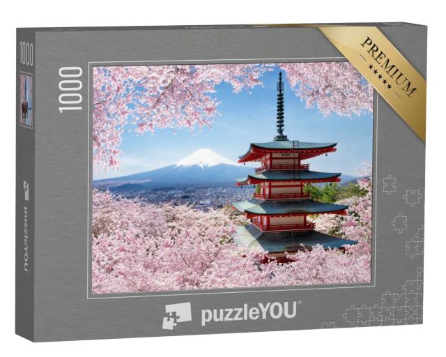 Puzzle 1000 Teile „Chureito Pagode und Berg Fuji mit Kirschblüte im Frühling“