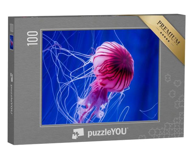Puzzle 100 Teile „Rosa Qualle vor einem blauen Meereshintergrund“
