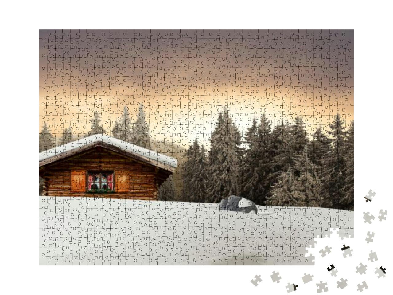 Puzzle 1000 Teile „Rustikale Holzhütte in den verschneiten Bergen“