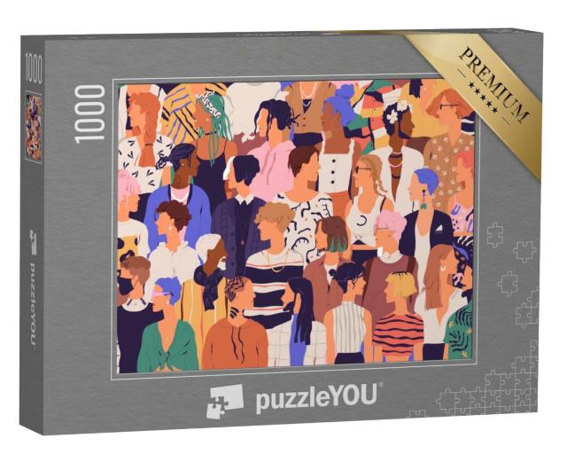 Puzzle 1000 Teile „Gruppe von Männern und Frauen mit trendiger Hipster-Kleidung“