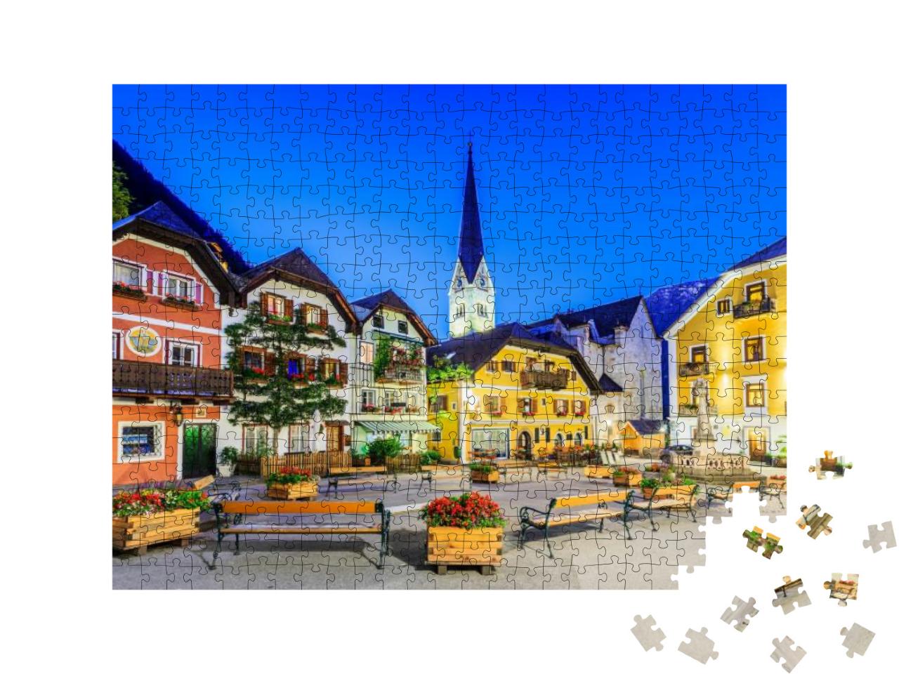 Puzzle 500 Teile „Hallstatt, Österreich, Bergdorf in den österreichischen Alpen bei Dämmerung“