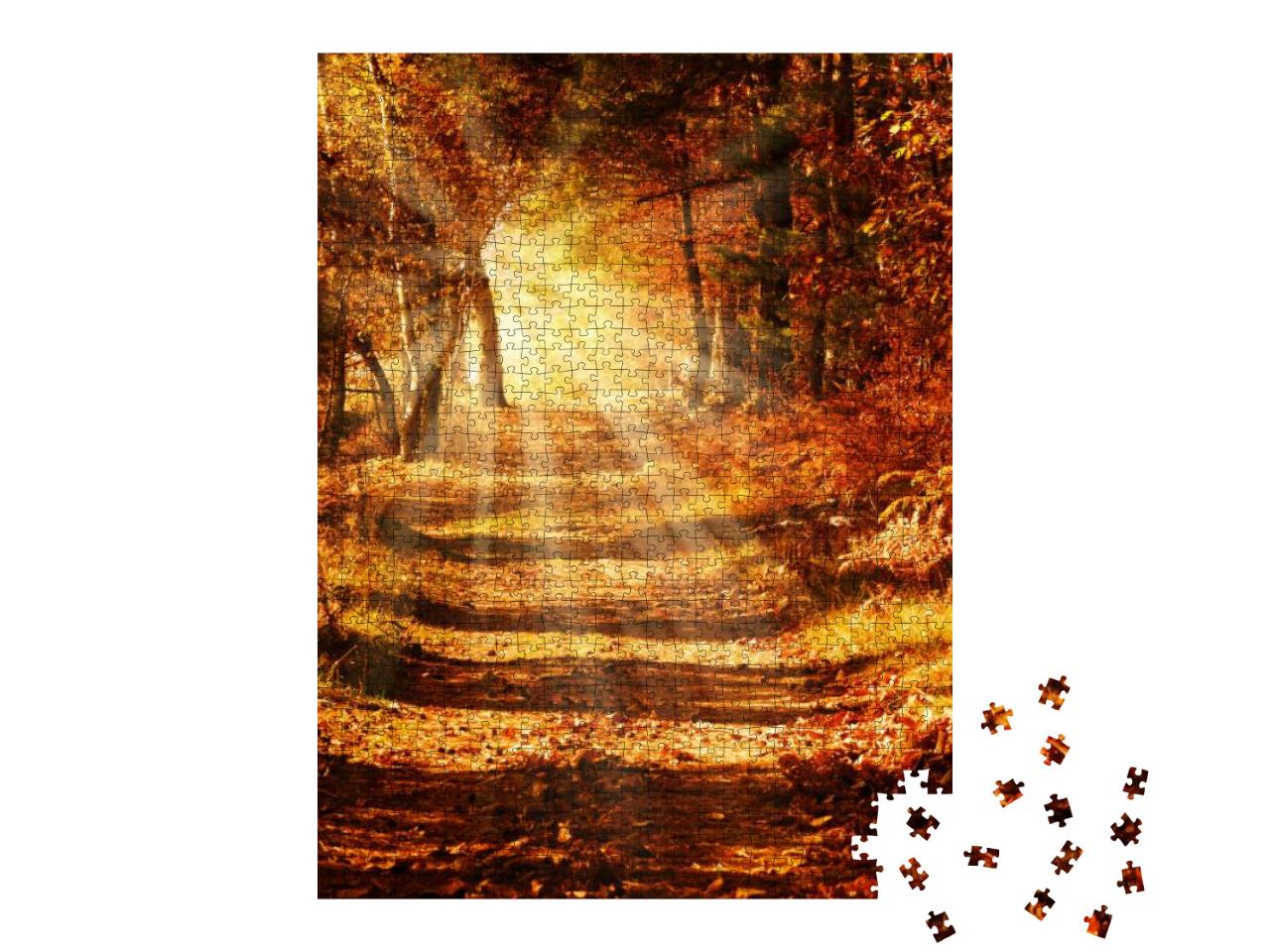 Puzzle 1000 Teile „Sonnenstrahlen auf einem Waldweg im goldenen Herbst“