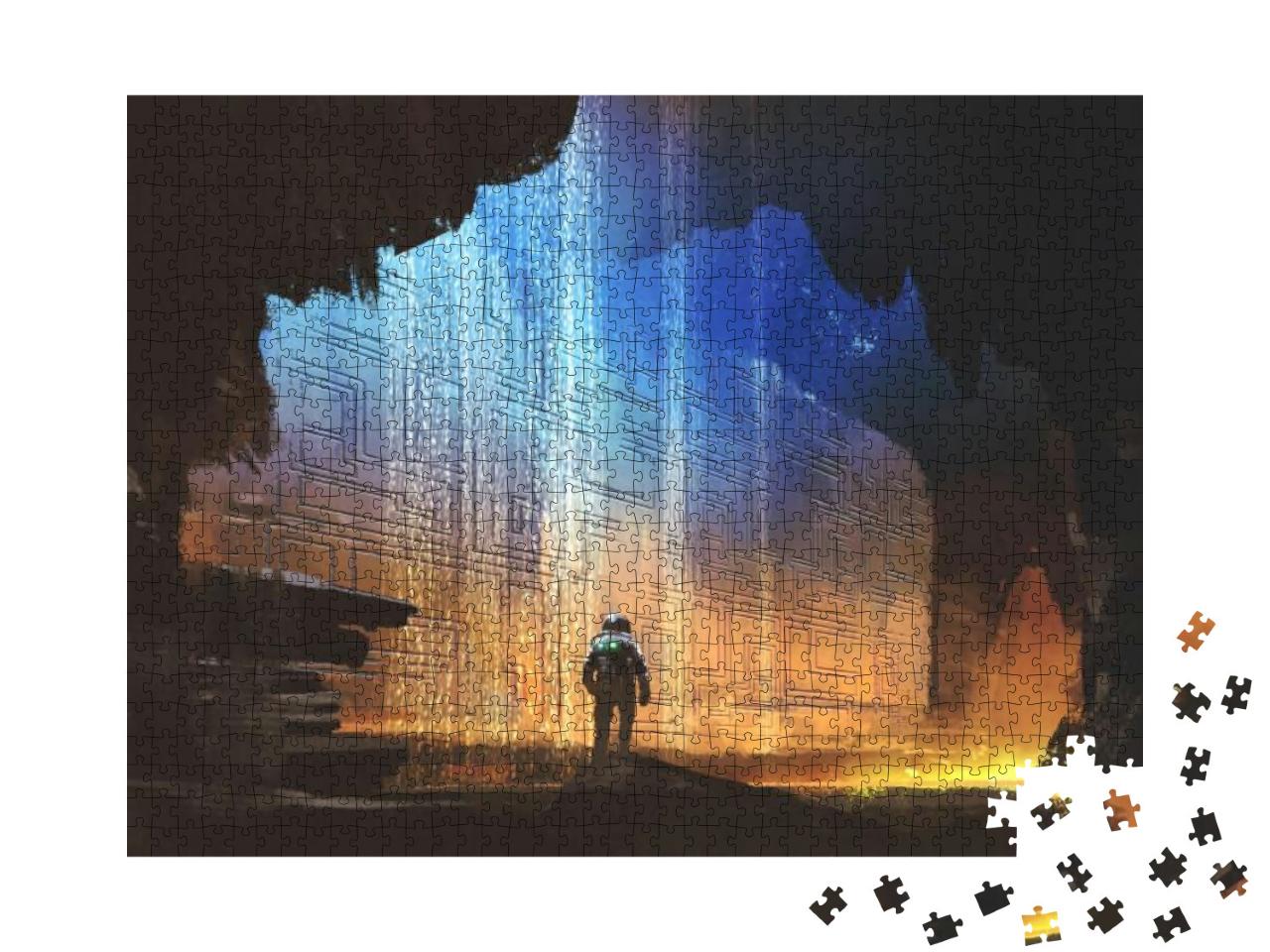 Puzzle 1000 Teile „Sci-Fi-Konzept: Astronaut blickt auf Muster auf einer Felswand, Höhle“