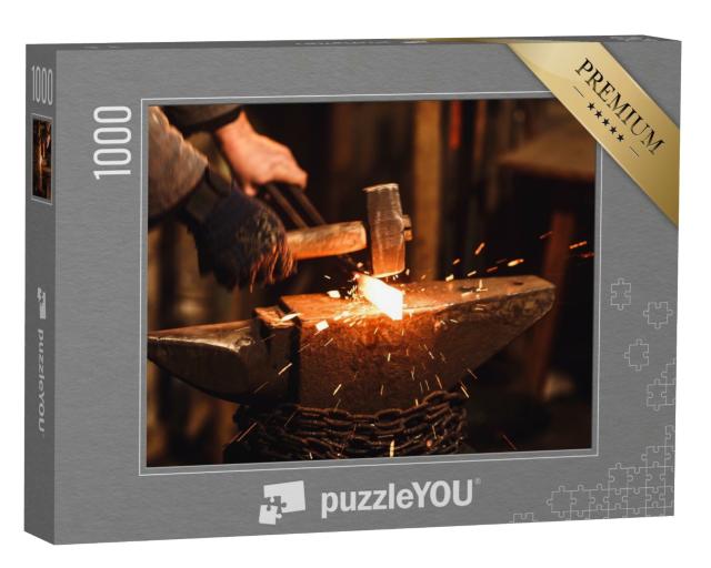 Puzzle 1000 Teile „Der Schmied schmiedet das glühende Metall, Funken fliegen“