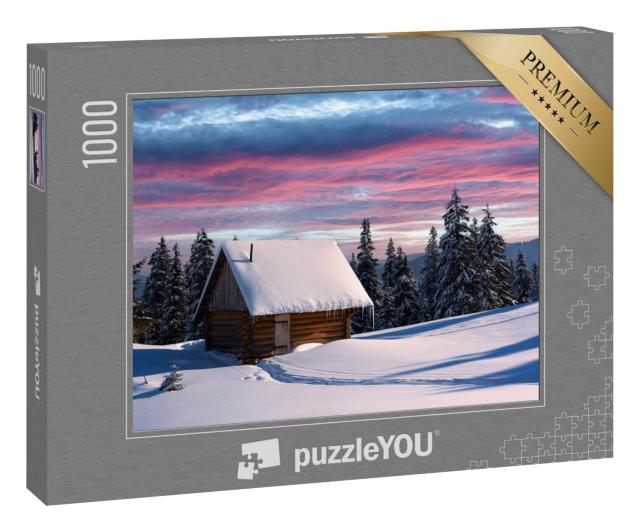 Puzzle 1000 Teile „Winterlandschaft mit Holzhaus, Karpaten, Ukraine “