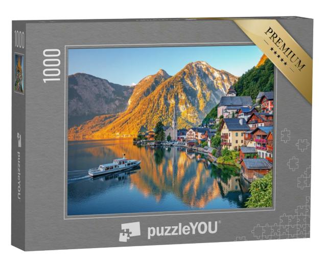 Puzzle 1000 Teile „Hallstatt: malerisches Ansichtskartenmotiv des Alpenortes, Österreich“