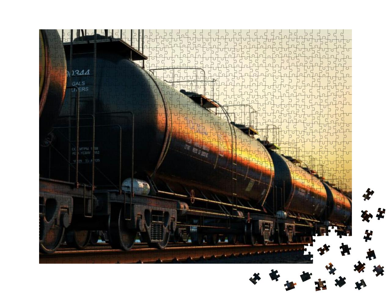 Puzzle 1000 Teile „Transport von Kesselwagen mit Öl bei Sonnenuntergang“