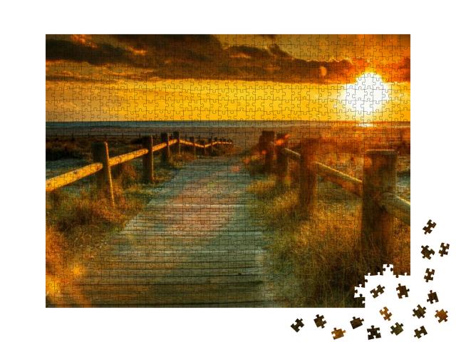 Puzzle 1000 Teile „Holzsteg zum Sonnenuntergang am Strand“