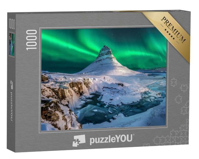 Puzzle 1000 Teile „Nordlichter erscheinen über dem Berg Kirkjufell in Island“
