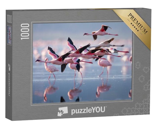 Puzzle 1000 Teile „Gruppe von fliegenden Flamingos“