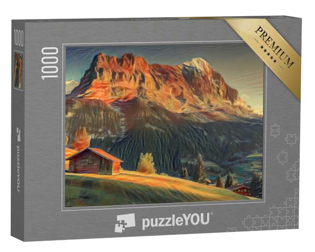 Puzzle 1000 Teile „im Stil von Edvard Munch, Der Schrei - Schweizer Alpenlandschaft vor dem Eiger“