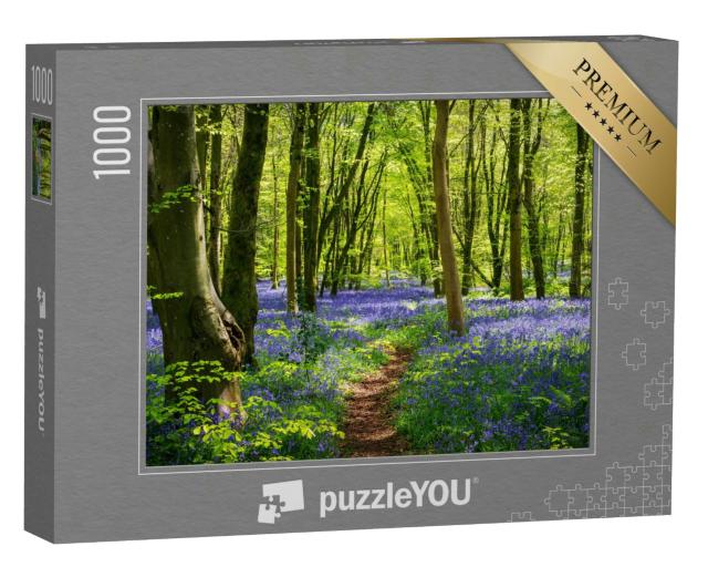 Puzzle 1000 Teile „Sonnenlicht in einem Blauglockenwald mit tiefblauen, violetten Blüten“