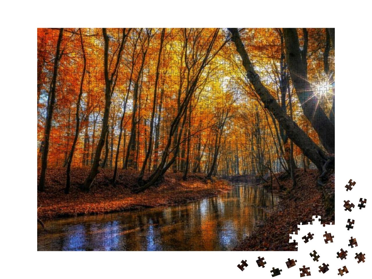 Puzzle 1000 Teile „Herbstliche Waldlandschaft mit bunten Blättern und einem Fluss“