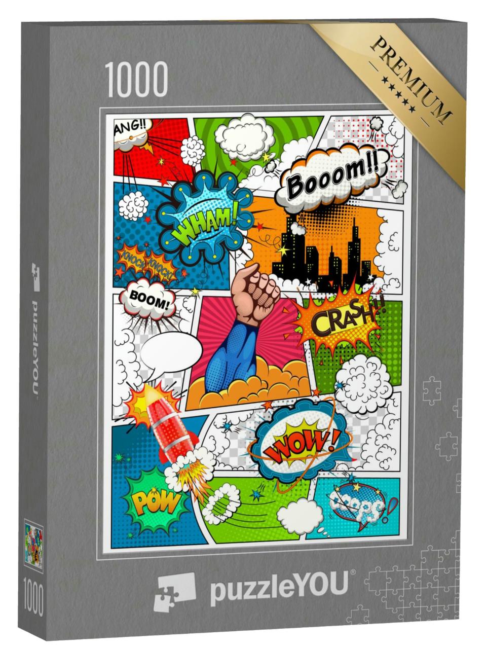 Puzzle 1000 Teile „Comic-Seite geteilt durch Linien mit Sprechblasen, Rakete, Superhelden“