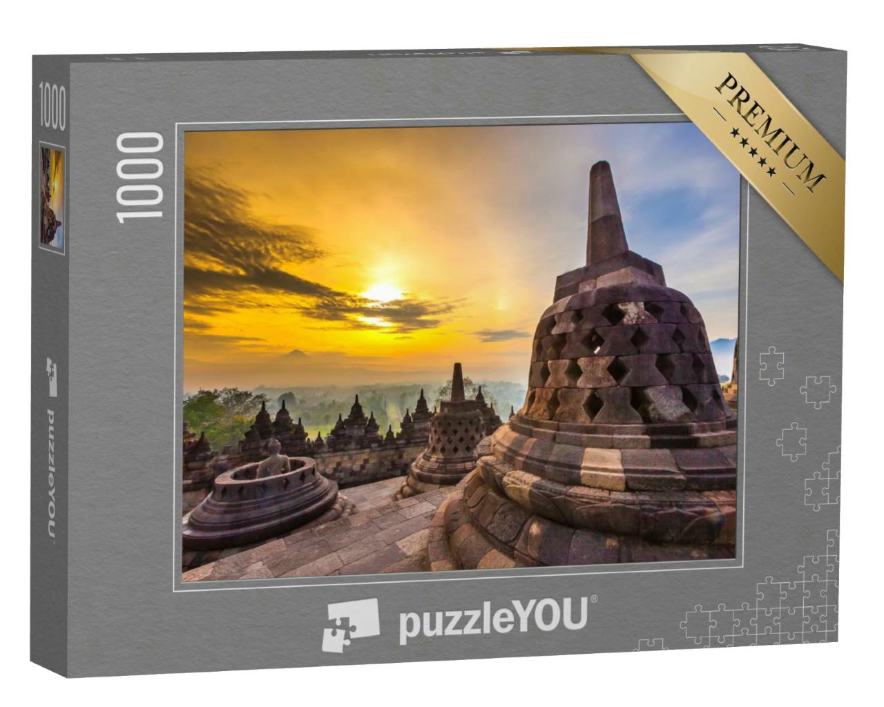 Puzzle 1000 Teile „Sonnenaufgang bei Nebel: Tempelanlage Candi Borobudur, Jawa, Indonesien“