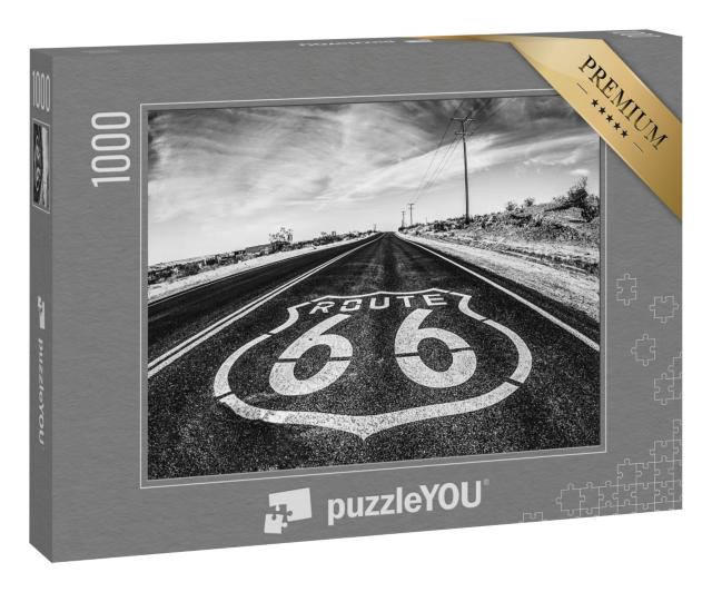 Puzzle 1000 Teile „Route 66: Verkehrszeichen inmitten der Mojave-Wüste, Kalifornien“