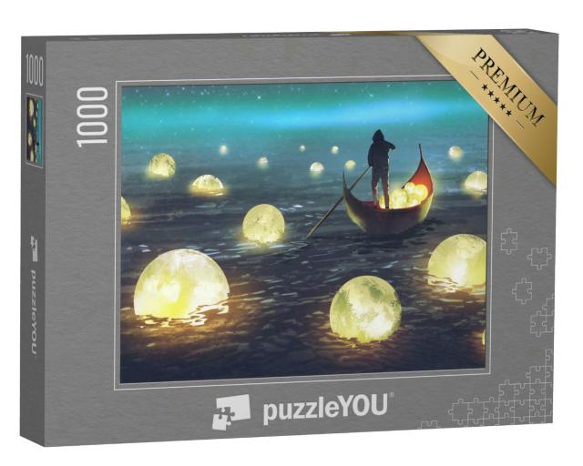 Puzzle 1000 Teile „Boot zwischen vielen leuchtenden Monden, Illustrationsmalerei“
