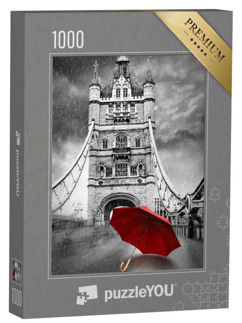 Puzzle 1000 Teile „Roter Regenschirm auf der Tower Bridge in London, schwarz-weiß“