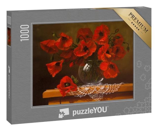 Puzzle 1000 Teile „Mohnblumen in einer Glasvase als Ölgemälde“