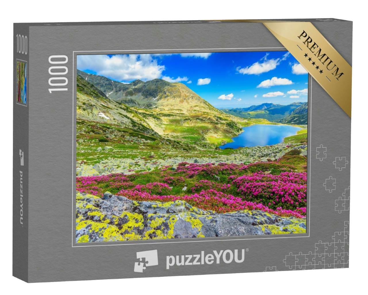 Puzzle 1000 Teile „Gletschersee, hohe Berge und rosa Rhododendron, Karpaten, Rumänien“