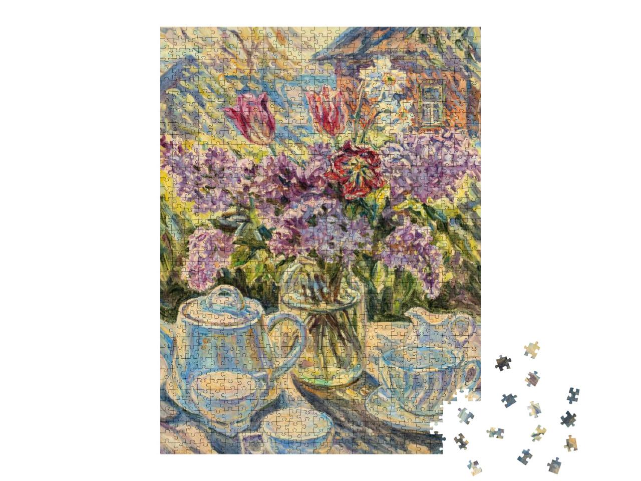 Puzzle 1000 Teile „Stillleben gedeckter Kaffeetisch mit Blumen“