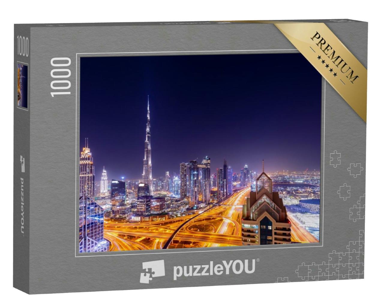 Puzzle 1000 Teile „Skyline von Downtown Dubai bei Nacht“