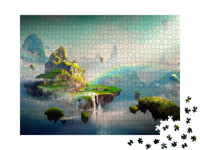 Puzzle 1000 Teile „Fantasieszene einer fliegenden chinesischen Stadt“